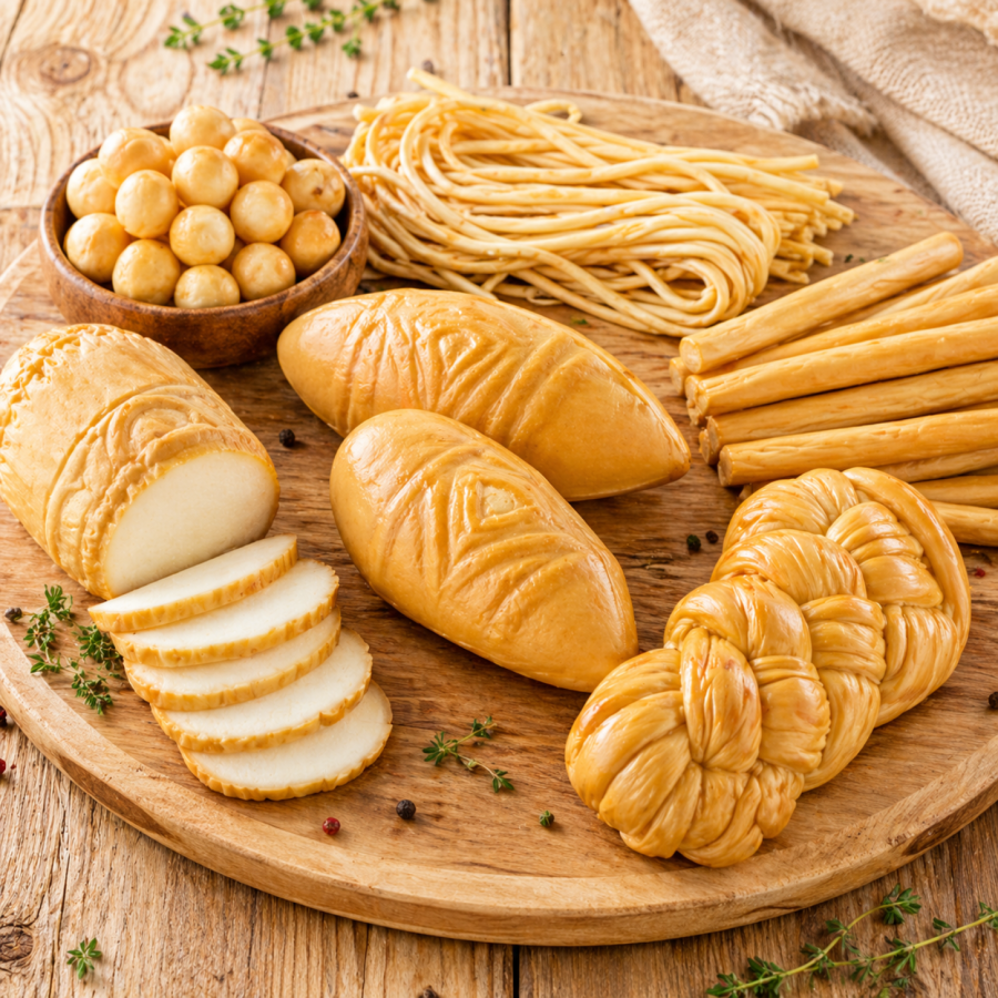 Smoked Mountain Cheese Set Smoked sheep cheese, strings, braid, sticks and cheese balls